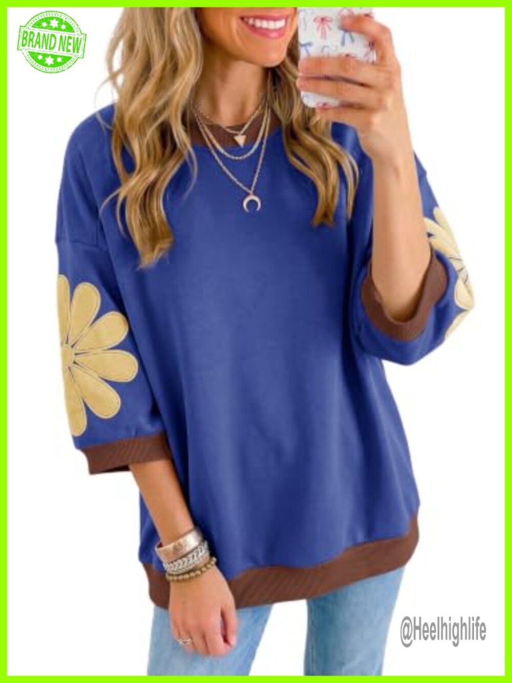 Dokotoo Floral Patch Pullover Sweatshirt 3/4 Sleeve Crew Neck Oversized